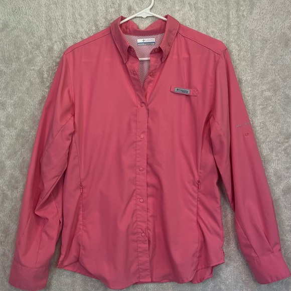 Columbia Womens PFG Salmon Button Up Omni-Shade Top Sz L Sun Protection UPF Hike - Picture 1 of 16